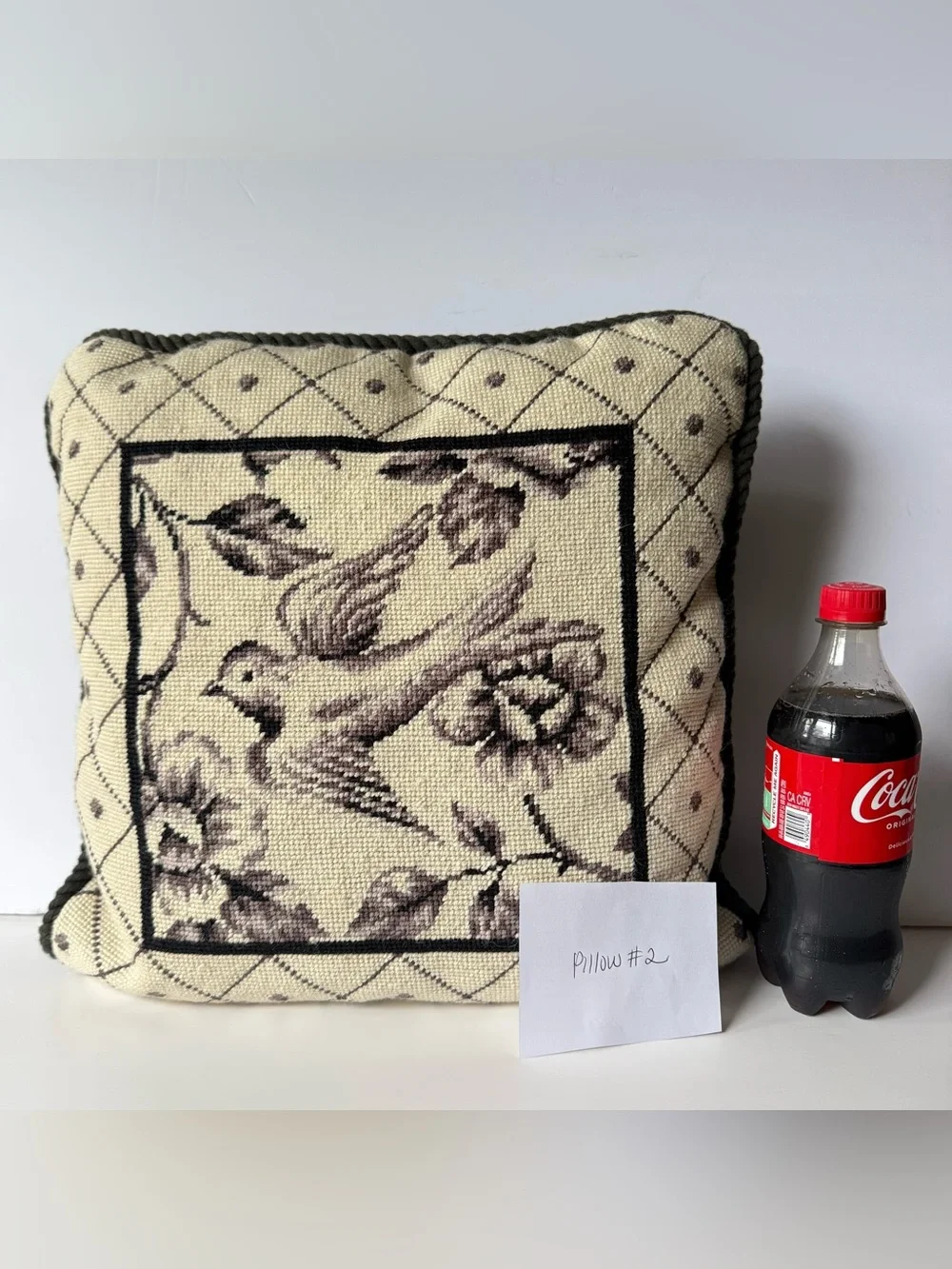 Vintage Bird Lattice Floral Square Needlepoint Decorative Pillow 15x15 in. #2